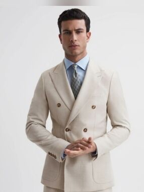 Reiss Men's Double-Breasted Wool-Blend Cream Suit Jacket Size 42
